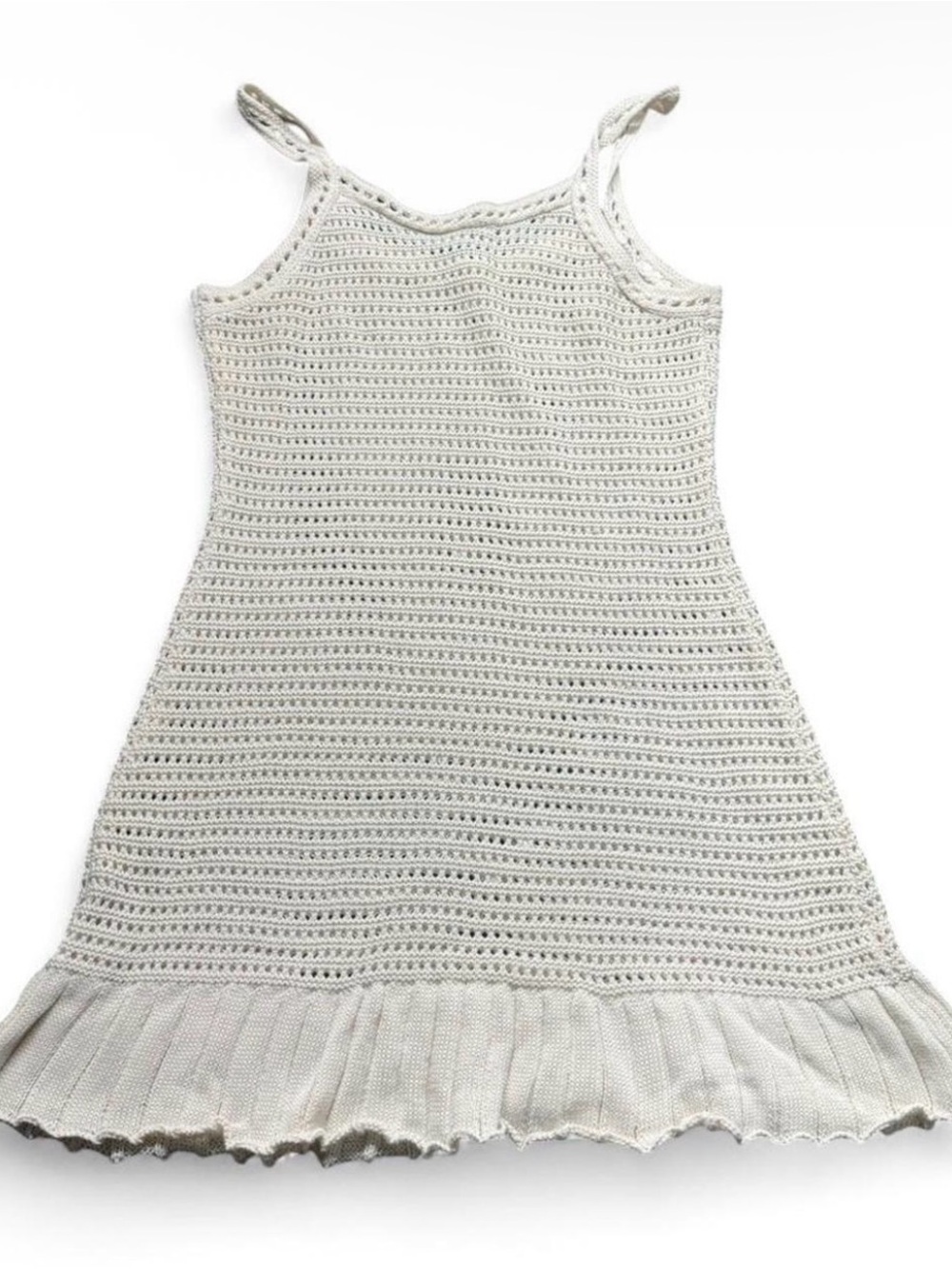 White Crochet Knit Mini Dress with Ruffle Hem